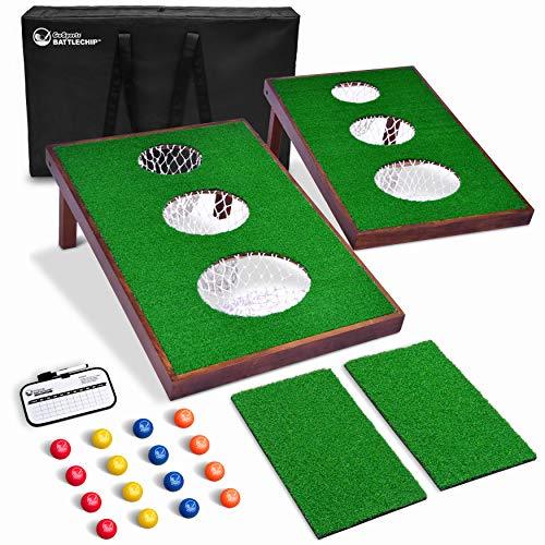 2020 Wooden Golf Cornhole Game SET - Includes Two Targets, 16 Balls, 2 Hitting Mats, Scorecard & Bag - The Golfing Eagles