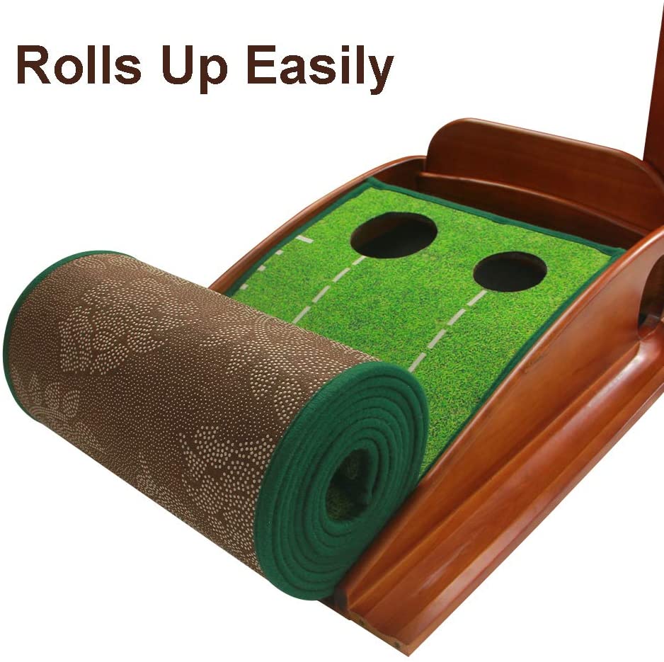 Deluxe Wood Golf Putting Green - Auto Ball Return & Putter Included