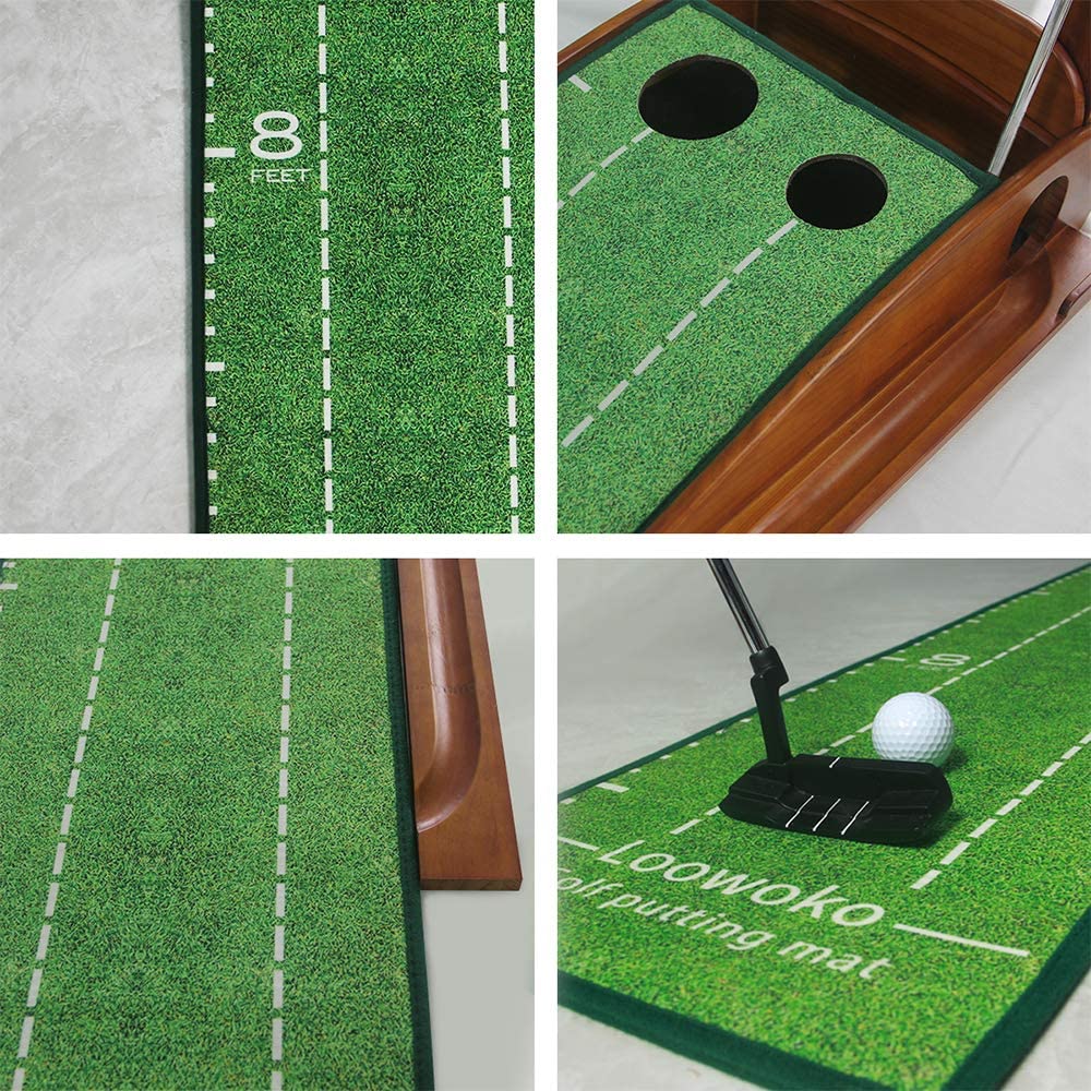 Deluxe Wood Golf Putting Green - Auto Ball Return & Putter Included