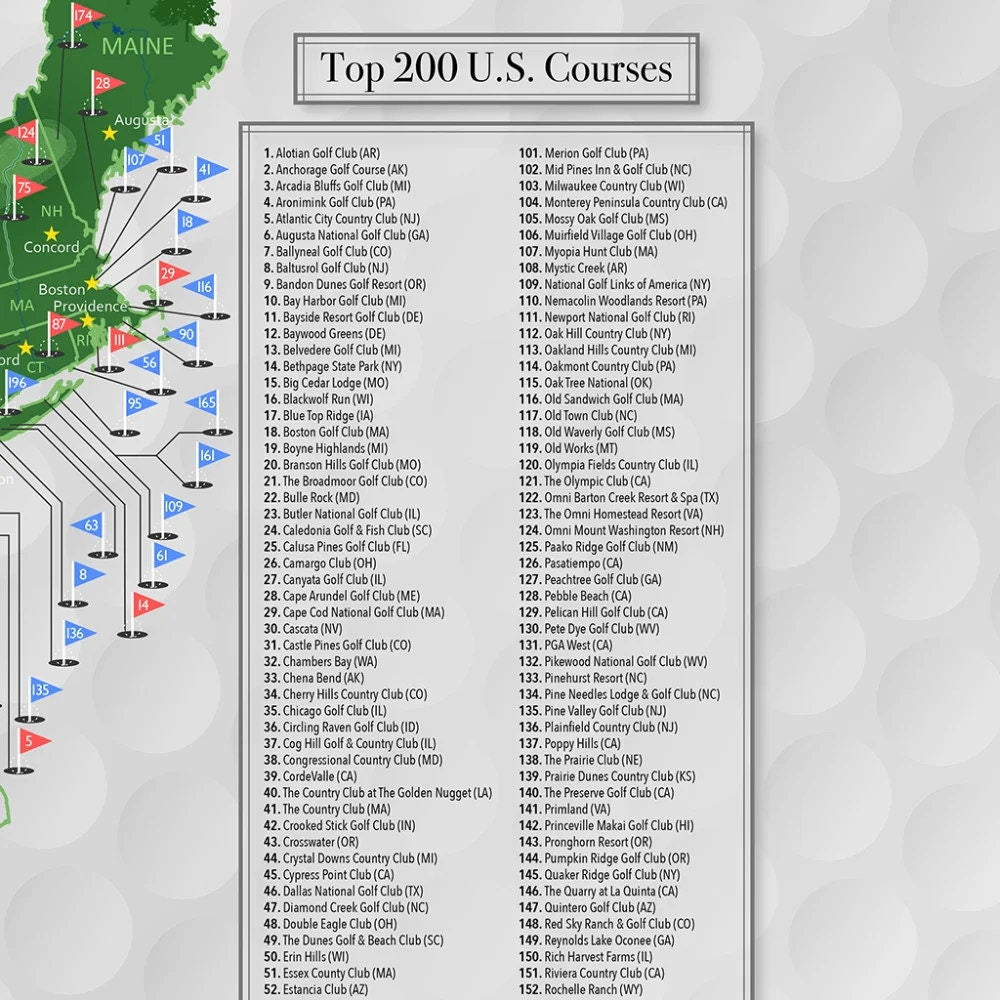 Golf Courses Tracking Map - Top 200 Golf Courses in USA - Free Golf Pins
